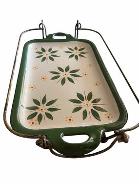 Temptations Green and Cream Floral Enamel Serving Tray with Wire Stand